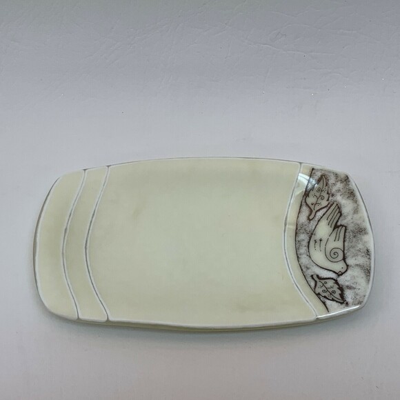 Lynn Latimer Tray Trinket Dish Fused Art Glass Bird Yellow White Brown Signed - Picture 2 of 11